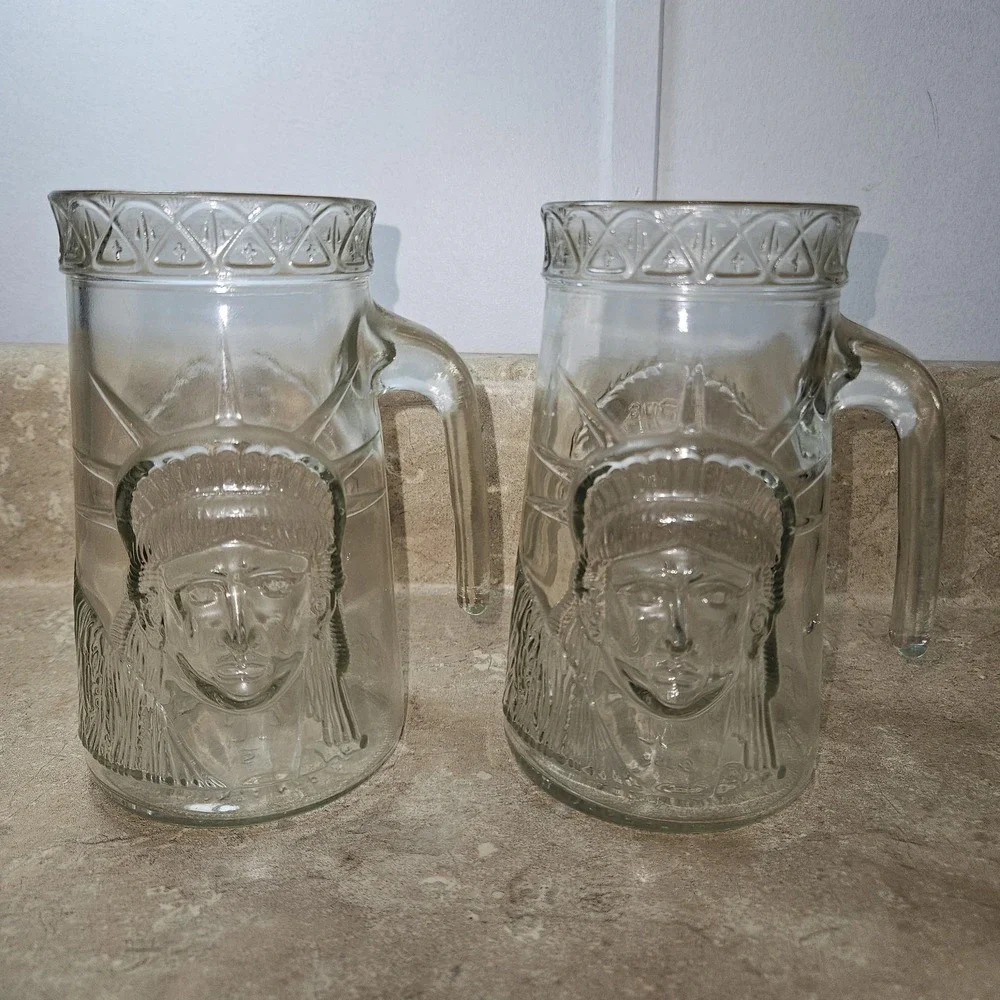 VTG Anchor Hocking Statue Of Liberty Beer Mugs Set Of 2 Clear Glass 1986 Bar Pub